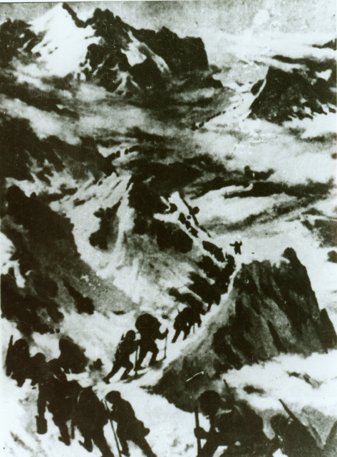↑資料圖片：紅軍過打鼓山。（圖片由陸軍第16集團軍某紅軍團提供）