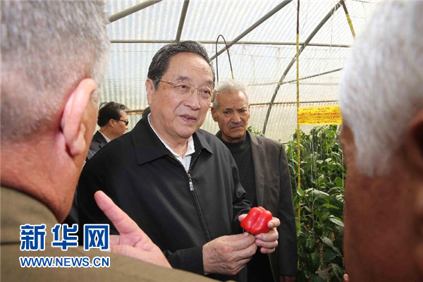 11月8日，正在約旦進(jìn)行正式友好訪問的全國政協(xié)主席俞正聲在約旦河谷參觀碩果農(nóng)業(yè)合作社。 新華社記者 劉衛(wèi)兵 攝 