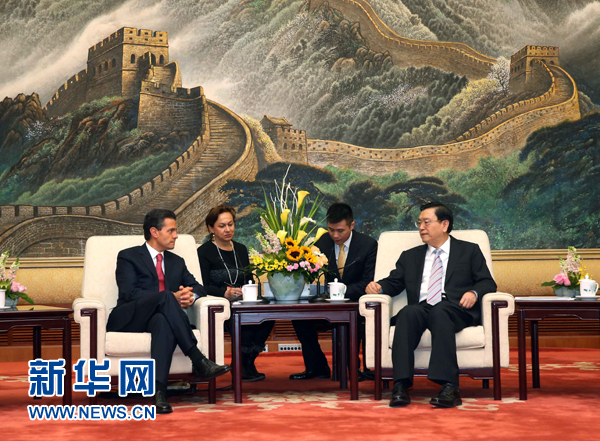11月13日，全國人大常委會(huì)委員長張德江在北京人民大會(huì)堂會(huì)見墨西哥總統(tǒng)培尼亞。 新華社記者 劉衛(wèi)兵 攝