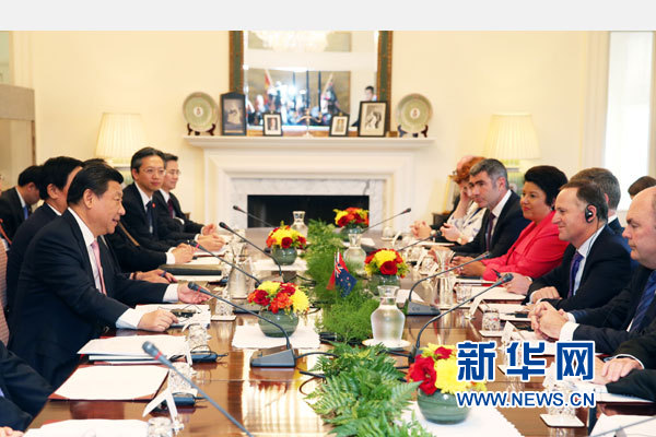 11月20日，中國國家主席習(xí)近平在惠靈頓同新西蘭總理約翰·基舉行會談。 新華社記者 馬占成 攝
