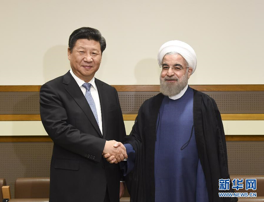 9月28日，國(guó)家主席習(xí)近平在紐約會(huì)見(jiàn)伊朗總統(tǒng)魯哈尼。 新華社記者李學(xué)仁 攝